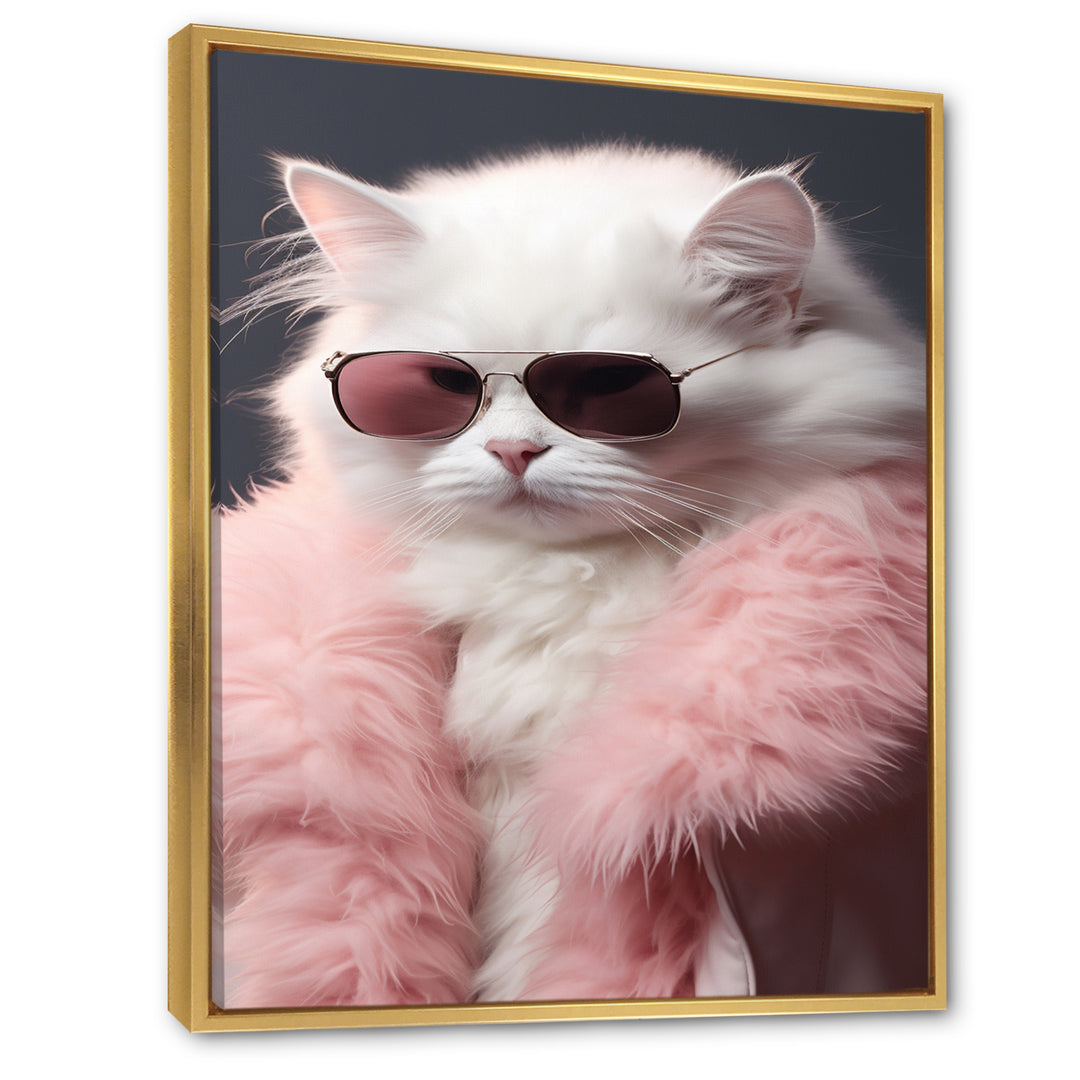 White Cat In Pink Fur Felline Attitude - Cat Wall Art Prints