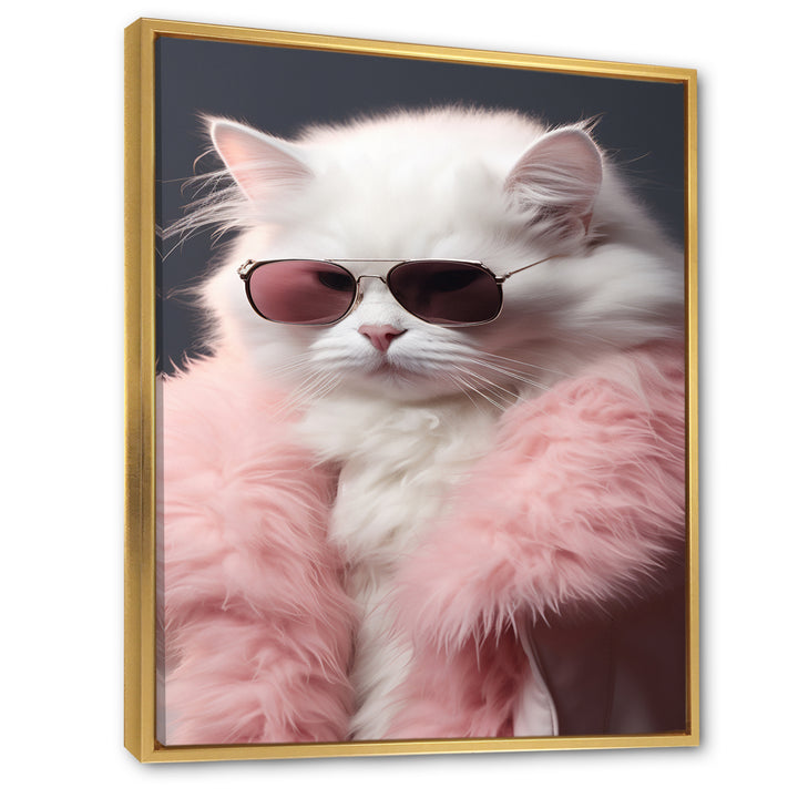 White Cat In Pink Fur Felline Attitude - Cat Wall Art Prints