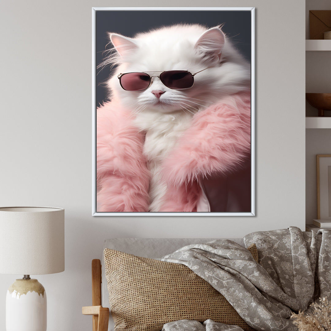 White Cat In Pink Fur Felline Attitude - Cat Wall Art Prints