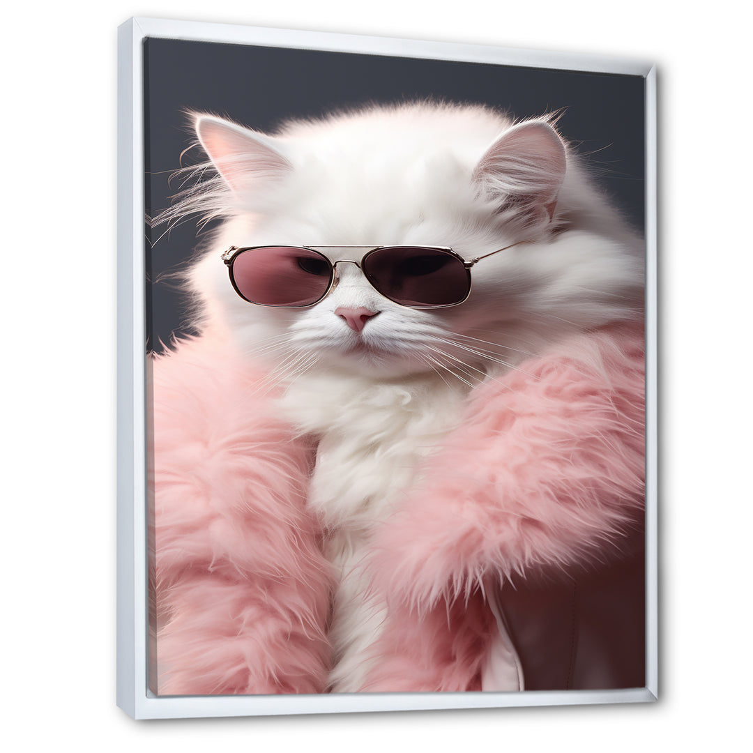 White Cat In Pink Fur Felline Attitude - Cat Wall Art Prints