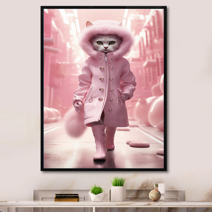 White Fashionista Cat In Pink Coat - Pink Cat Wall Art
