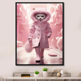 White Fashionista Cat In Pink Coat - Pink Cat Wall Art