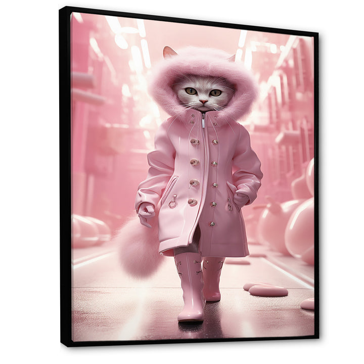 White Fashionista Cat In Pink Coat - Pink Cat Wall Art