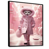 White Fashionista Cat In Pink Coat - Pink Cat Wall Art