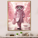 White Fashionista Cat In Pink Coat - Pink Cat Wall Art