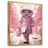 White Fashionista Cat In Pink Coat - Pink Cat Wall Art