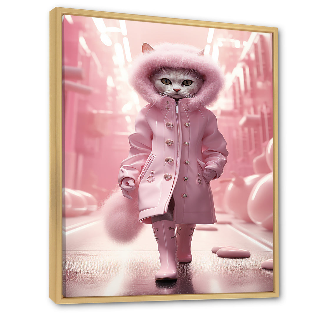 White Fashionista Cat In Pink Coat - Pink Cat Wall Art