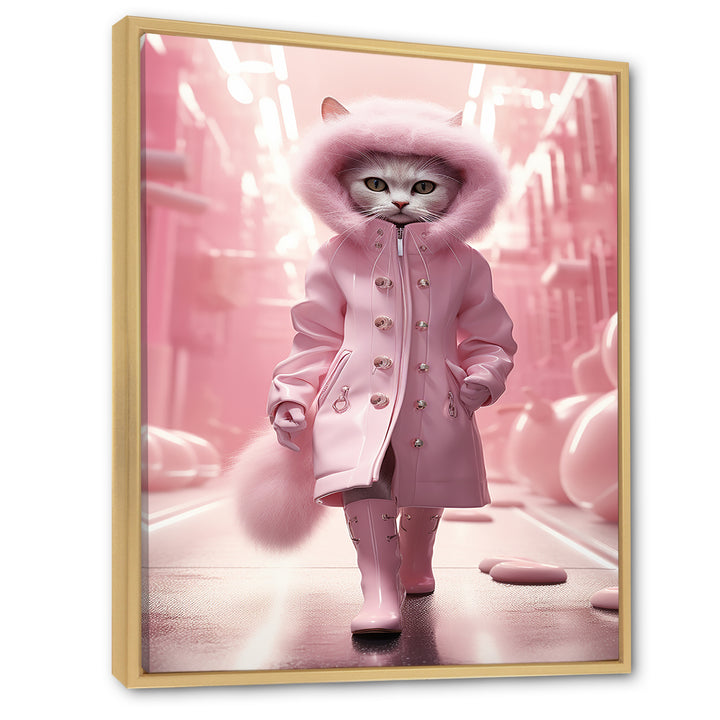 White Fashionista Cat In Pink Coat - Pink Cat Wall Art