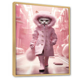 White Fashionista Cat In Pink Coat - Pink Cat Wall Art