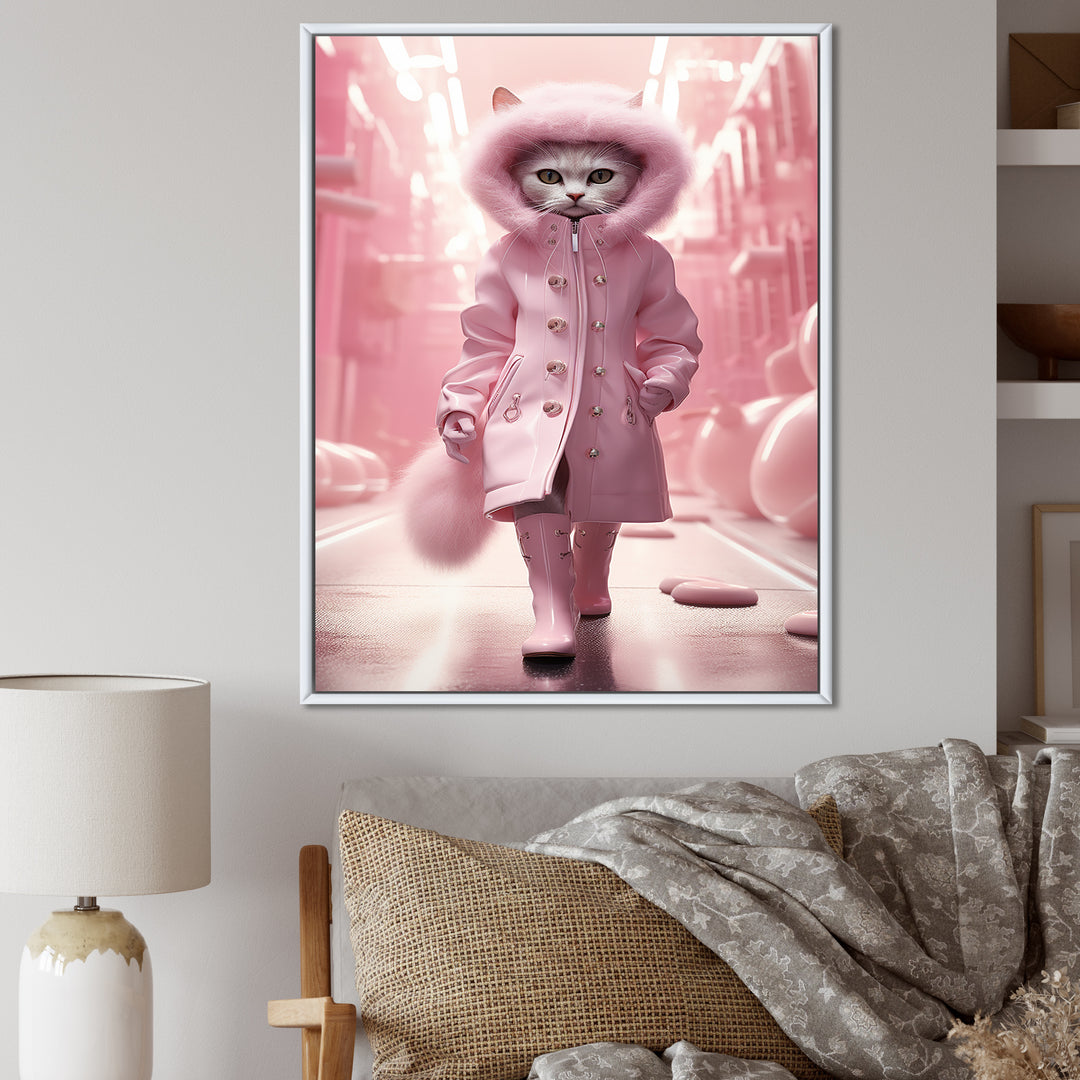 White Fashionista Cat In Pink Coat - Pink Cat Wall Art