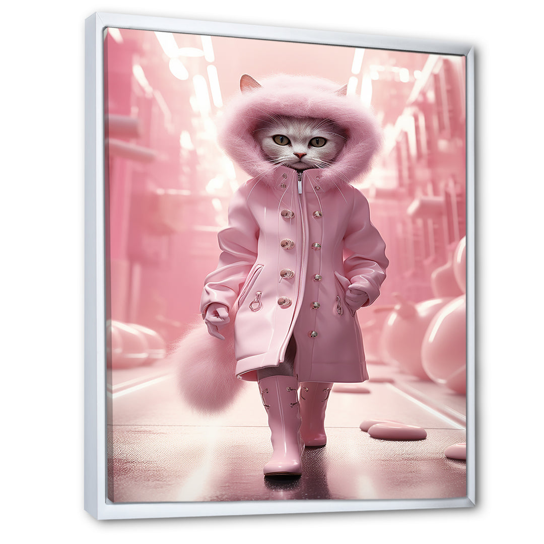 White Fashionista Cat In Pink Coat - Pink Cat Wall Art