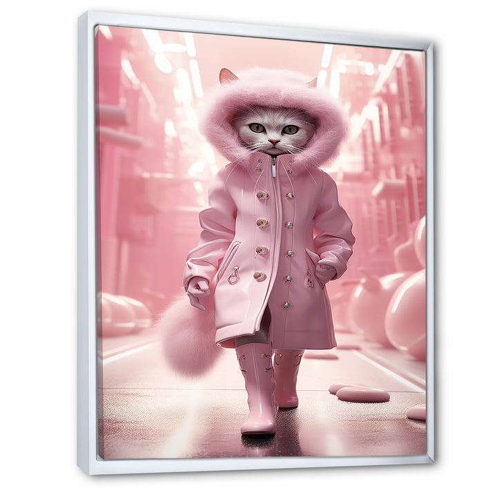 White Fashionista Cat In Pink Coat - Pink Cat Wall Art