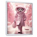 White Fashionista Cat In Pink Coat - Pink Cat Wall Art