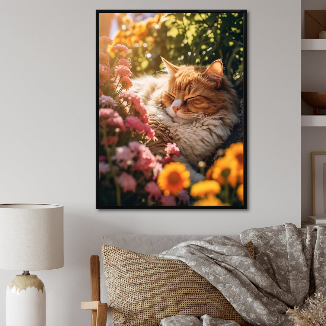 Fluffy Cat Sleeping Sunny Flower Garden - Cat Framed Canvas Art