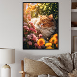 Fluffy Cat Sleeping Sunny Flower Garden - Cat Framed Canvas Art