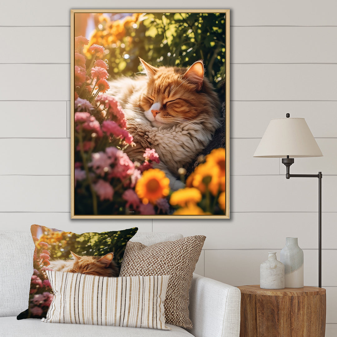 Fluffy Cat Sleeping Sunny Flower Garden - Cat Framed Canvas Art