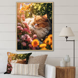 Fluffy Cat Sleeping Sunny Flower Garden - Cat Framed Canvas Art
