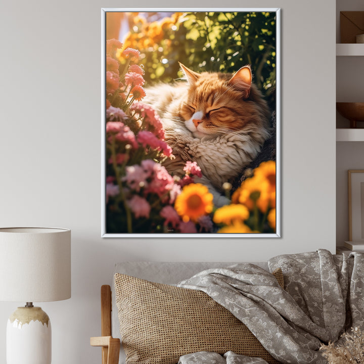 Fluffy Cat Sleeping Sunny Flower Garden - Cat Framed Canvas Art