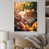 Fluffy Cat Sleeping Sunny Flower Garden - Cat Framed Canvas Art