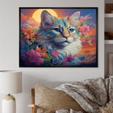 Psychedelic Rainbow Cat With Full Moon Flowers - Cat Home Decor Art