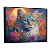 Psychedelic Rainbow Cat With Full Moon Flowers - Cat Home Decor Art