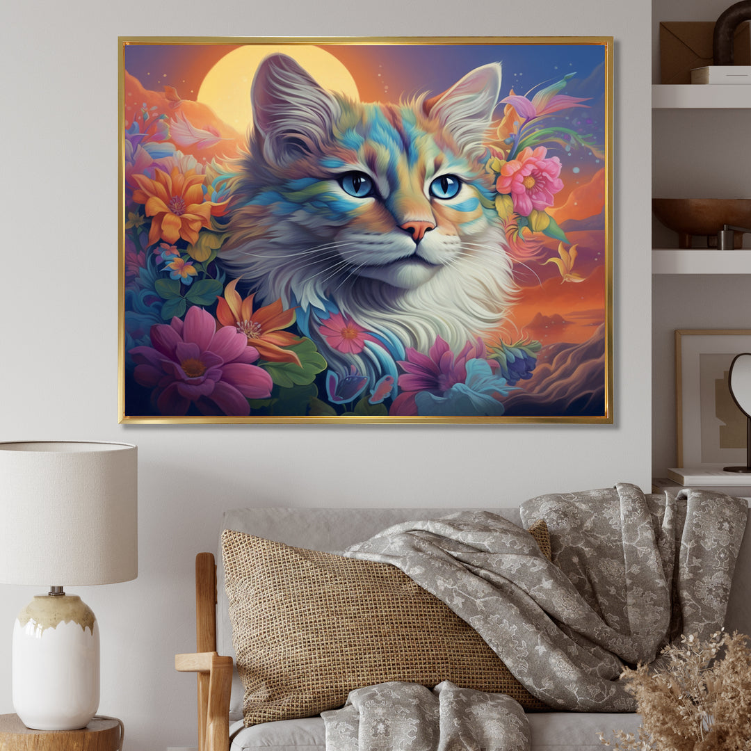 Psychedelic Rainbow Cat With Full Moon Flowers - Cat Home Decor Art