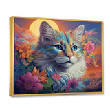Psychedelic Rainbow Cat With Full Moon Flowers - Cat Home Decor Art