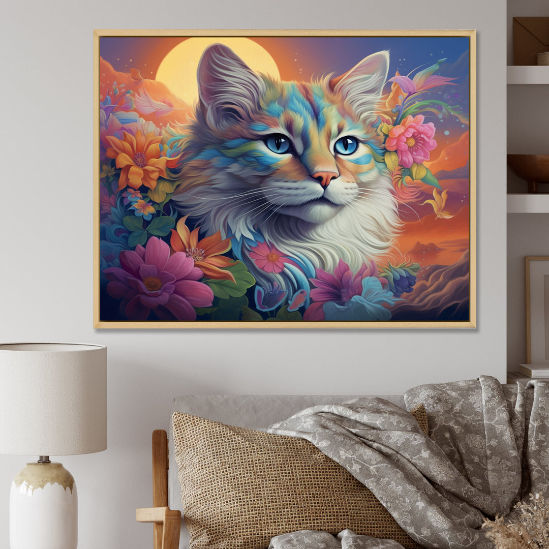 Psychedelic Rainbow Cat With Full Moon Flowers - Cat Home Decor Art