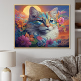 Psychedelic Rainbow Cat With Full Moon Flowers - Cat Home Decor Art