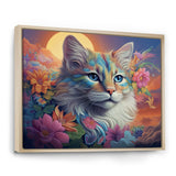 Psychedelic Rainbow Cat With Full Moon Flowers - Cat Home Decor Art