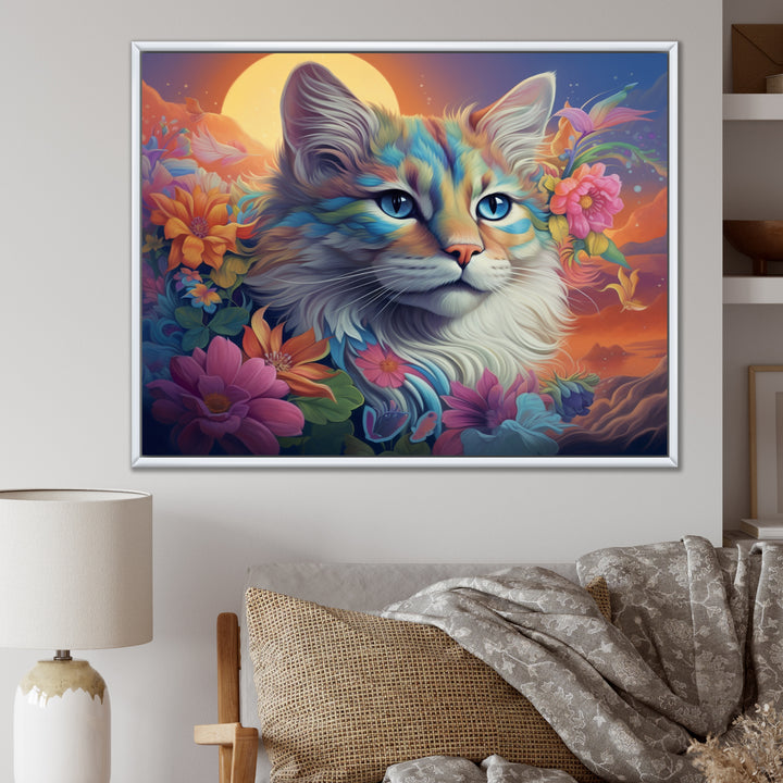 Psychedelic Rainbow Cat With Full Moon Flowers - Cat Home Decor Art