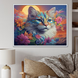 Psychedelic Rainbow Cat With Full Moon Flowers - Cat Home Decor Art