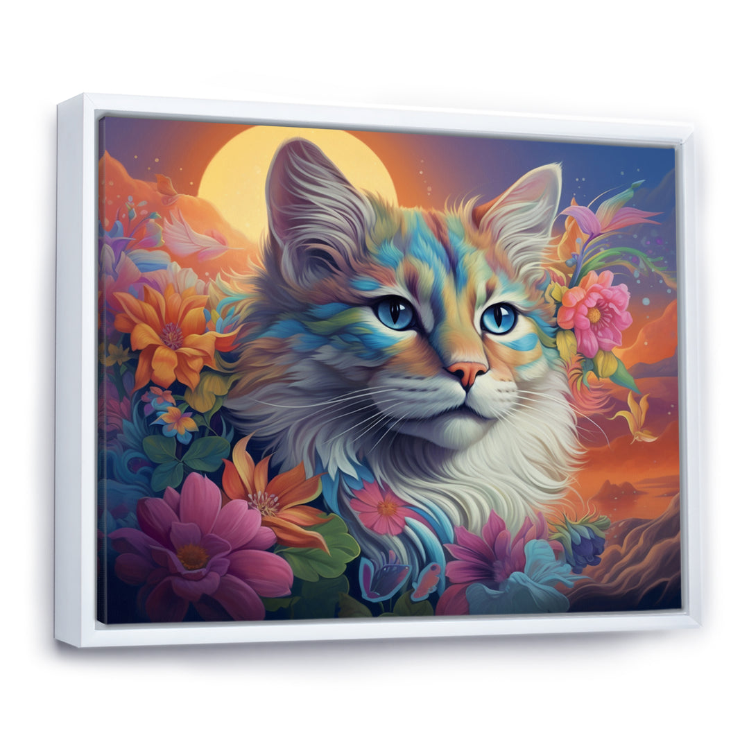 Psychedelic Rainbow Cat With Full Moon Flowers - Cat Home Decor Art