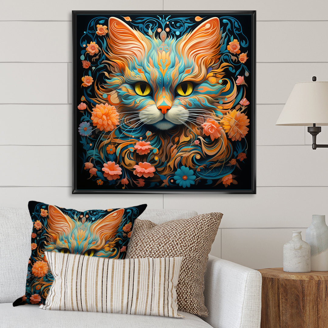 Magical Amber And Teal Cat With Flowers - Cat Living Room Wall Art