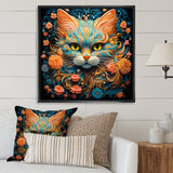 Magical Amber And Teal Cat With Flowers - Cat Living Room Wall Art