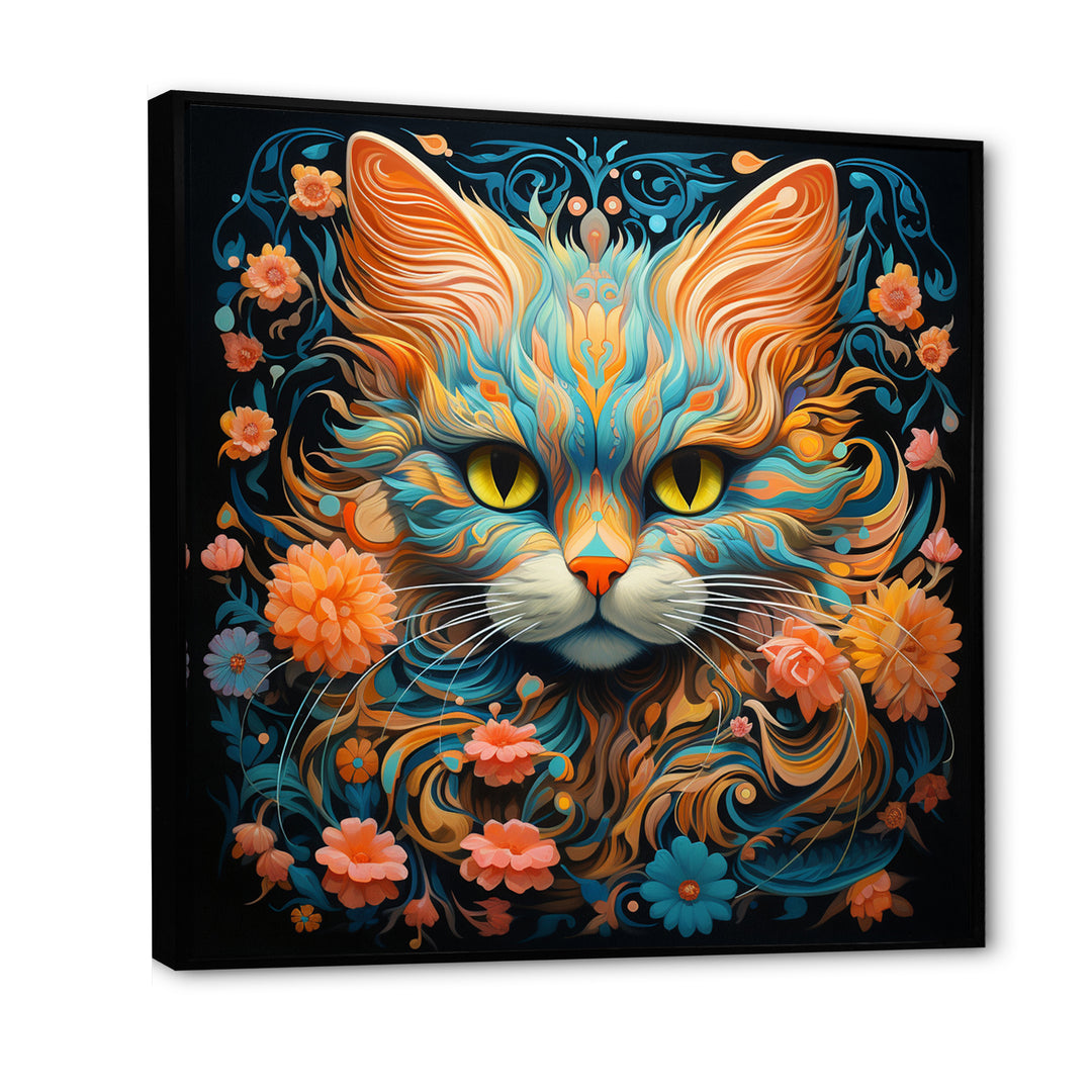 Magical Amber And Teal Cat With Flowers - Cat Living Room Wall Art