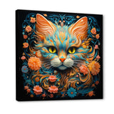 Magical Amber And Teal Cat With Flowers - Cat Living Room Wall Art