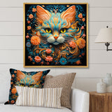 Magical Amber And Teal Cat With Flowers - Cat Living Room Wall Art