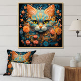 Magical Amber And Teal Cat With Flowers - Cat Living Room Wall Art