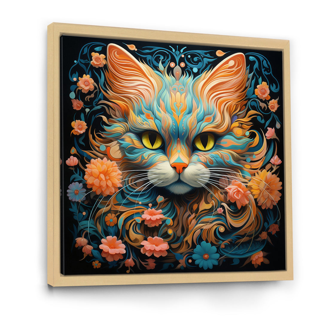 Magical Amber And Teal Cat With Flowers - Cat Living Room Wall Art