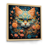 Magical Amber And Teal Cat With Flowers - Cat Living Room Wall Art