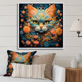 Magical Amber And Teal Cat With Flowers - Cat Living Room Wall Art