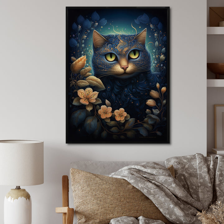 Retro Blue Cat Amidst Flowers - Cat Canvas Wall Art