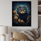 Retro Blue Cat Amidst Flowers - Cat Canvas Wall Art