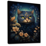 Retro Blue Cat Amidst Flowers - Cat Canvas Wall Art