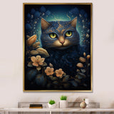 Retro Blue Cat Amidst Flowers - Cat Canvas Wall Art