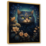 Retro Blue Cat Amidst Flowers - Cat Canvas Wall Art