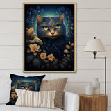 Retro Blue Cat Amidst Flowers - Cat Canvas Wall Art