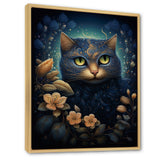 Retro Blue Cat Amidst Flowers - Cat Canvas Wall Art