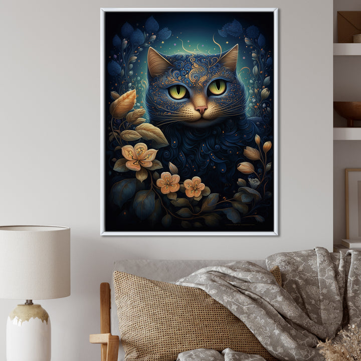 Retro Blue Cat Amidst Flowers - Cat Canvas Wall Art